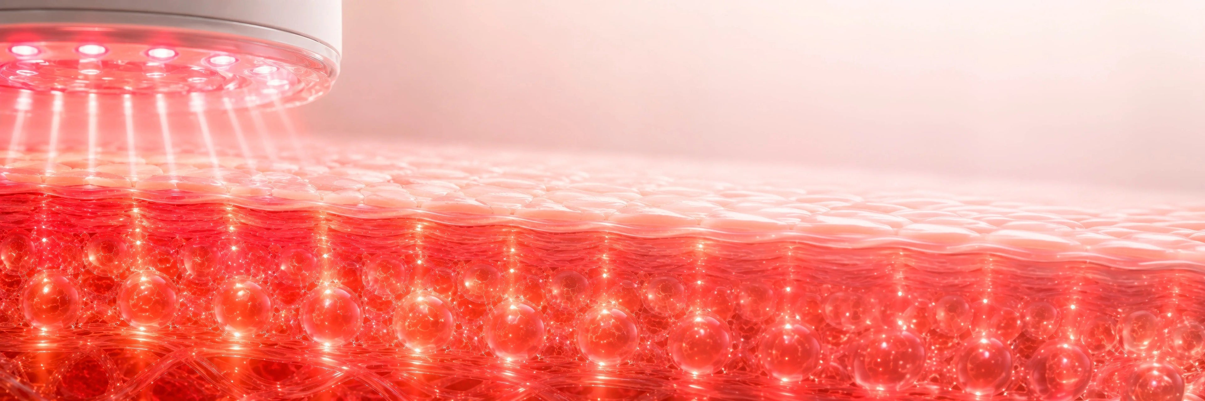 Red LED light shining into layers of skin tissue, illustrating how light penetrates to reach cells in low-level light therapy